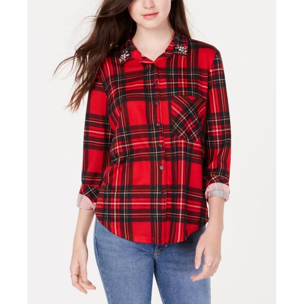 Project 28 Nyc Juniors Embellished Plaid Button Up Shirt